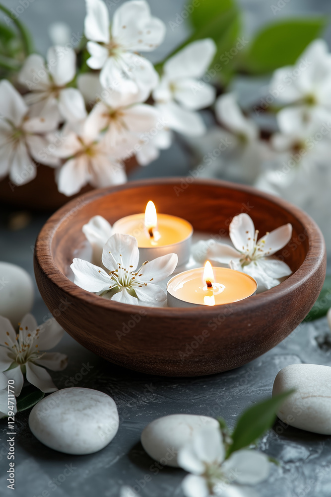 Spa still life concept. Wooden bowl with lit candles and flowers around. Relaxing wellness. Spa still life concept. Wooden bowl with lit candles and flowers around. Relaxing wellness.