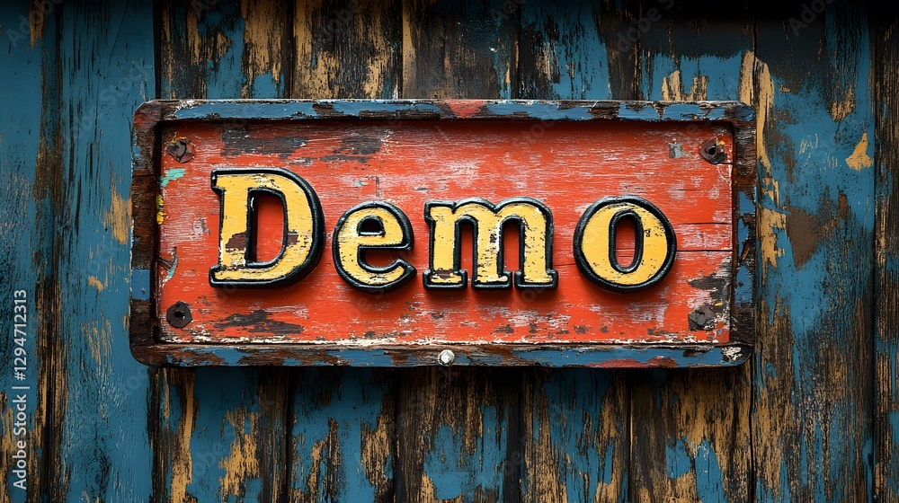 Engaging Conceptual Photo of a Demo Sign on a Textured Wooden Background Enhanced with Creative Splatter Paint for Idea Generation Engaging Conceptual Photo of a Demo Sign on a Textured Wooden Background Enhanced with Creative Splatter Paint for Idea Generation