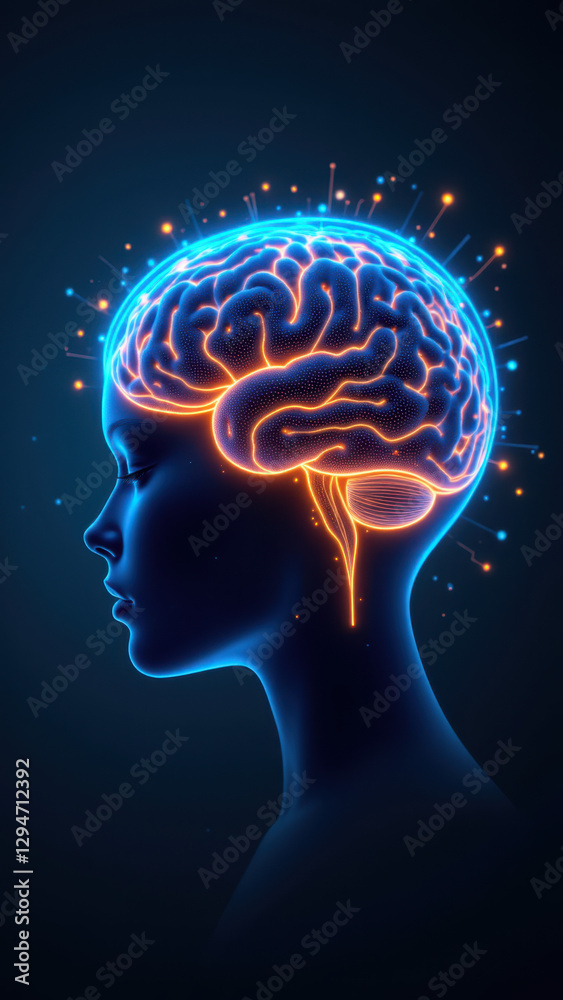 Obraz premium A human head with brain highlighted by glowing blue rays on a dark background, symbolizing artificial general intelligence.