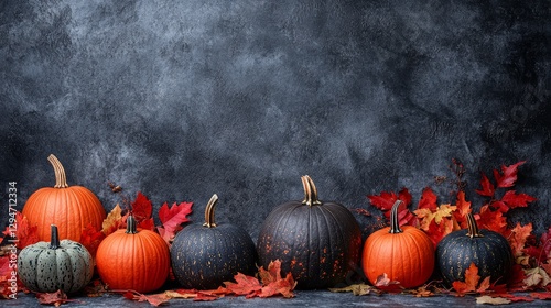 Elegant autumn display with pumpkins and vibrant fall leaves composition photo