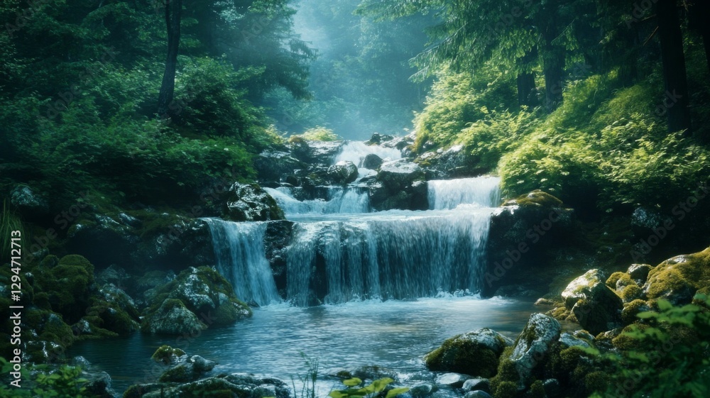 Fototapeta premium Serene Waterfall in Lush Forest