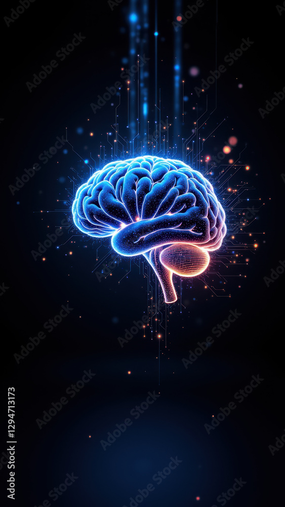 Fototapeta premium A futuristic depiction of artificial general intelligence with a glowing brain against a dark digital background.