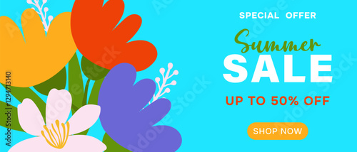 Summer sale poster or banner template with colorful flowers on blue background. Summer season advertisement and shopping template.