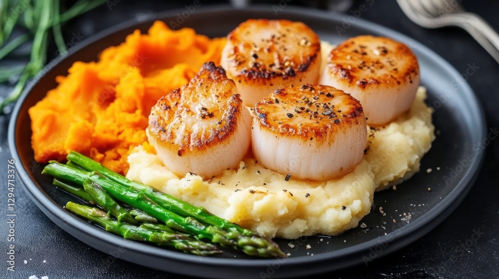 Scallops with Sweet Potatoes and Asparagus on Plate Scallops with Sweet Potatoes and Asparagus on Plate