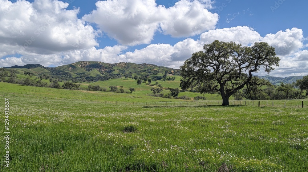 A lush green landscape featuring a solitary oak tree under a bright blue sky with fluffy white clouds. A lush green landscape featuring a solitary oak tree under a bright blue sky with fluffy white clouds.