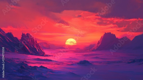 Vibrant Pink And Red Sunset Over Purple Desert Mountains