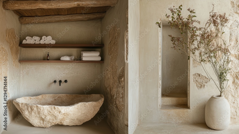 Obraz premium A luxurious bathroom with a stone bathtub, wooden shelves, and a vase of flowers.