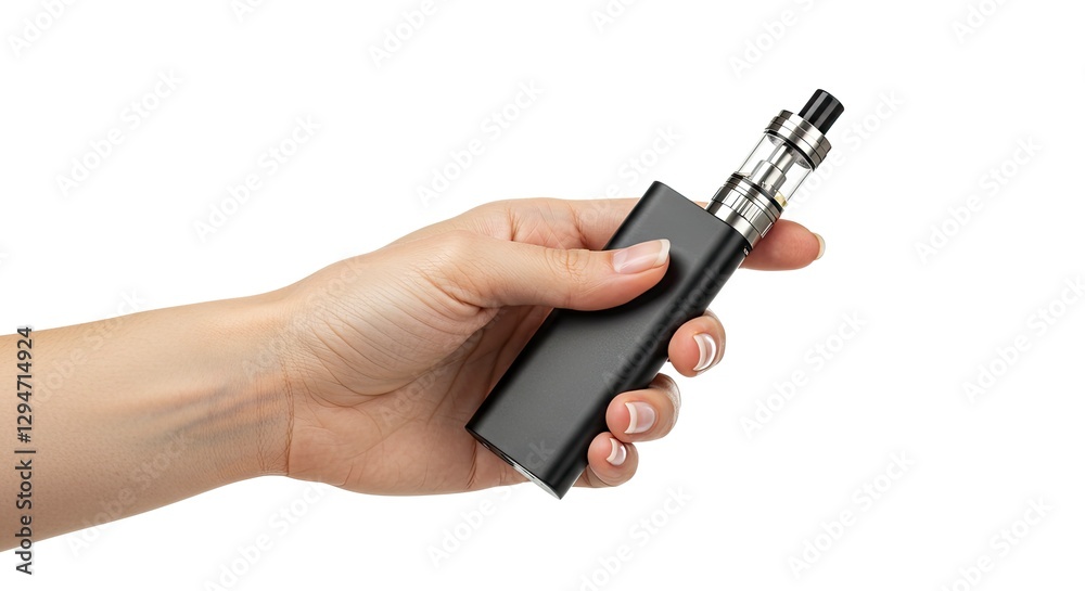 Holding Electronic Cigarette Device in Hand on White Background Holding Electronic Cigarette Device in Hand on White Background