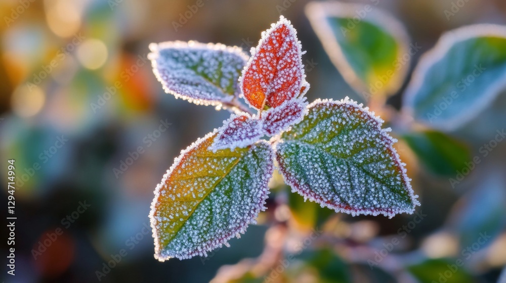 Frost Covered Colorful Leaves Closeup