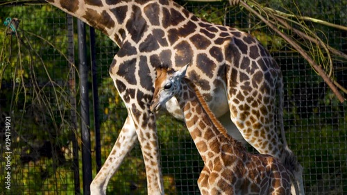 giraffe and baby giraffe on a walk