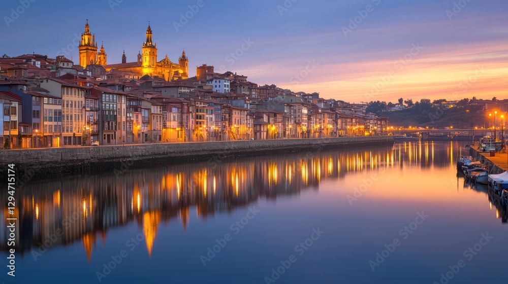 Obraz premium Serene sunset over a tranquil riverside cityscape