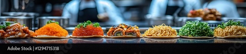 A variety of food mashups like sushi tacos and ramen burgers on a blurred kitchen counter. Generative AI