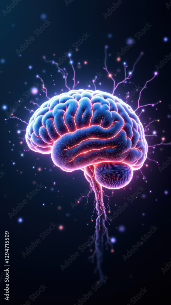 Fototapeta premium A colorful 3D rendering of a human brain with lightning bolts emanating from it against a cosmic background, symbolizing artificial general intelligence or AGI.