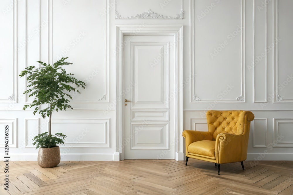 Fototapeta premium Stylish and Elegant Interior Design Featuring a Cozy Yellow Armchair and a Lush Green Plant