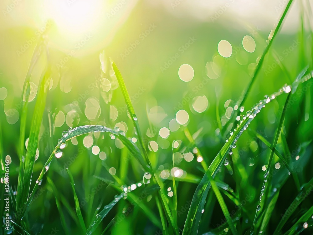 Obraz premium Macro shot of dewdrops on fresh green grass in golden light