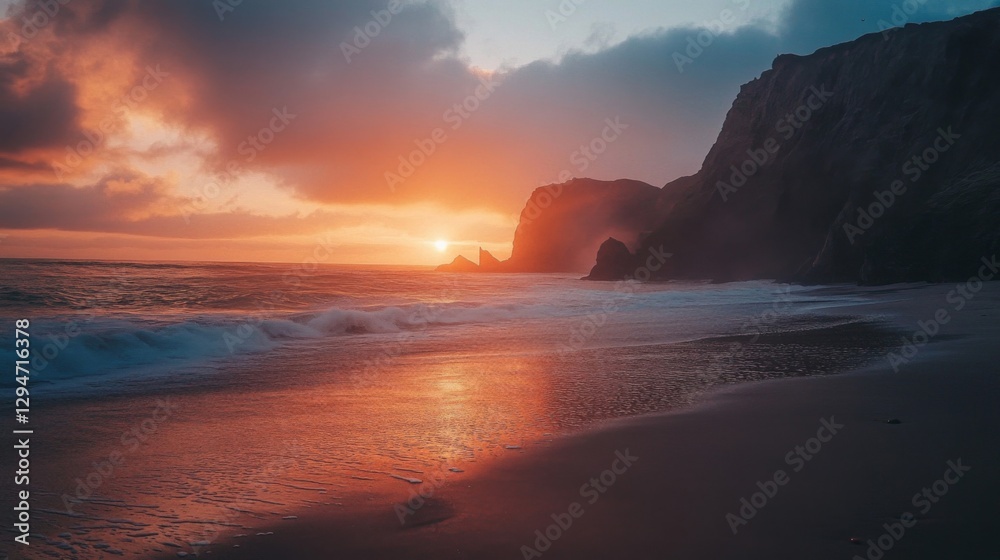 Fototapeta premium Vibrant Sunset Over Ocean Beach with Dark Rocks