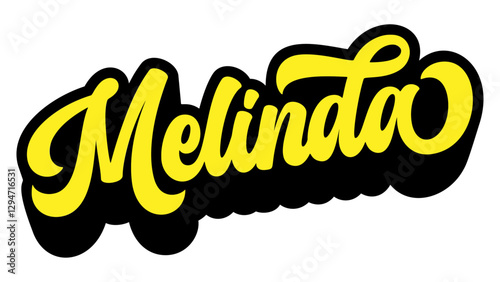 Name Melinda written in retro groovy script lettering with long shadow effect	