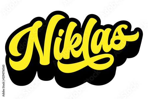 Name Niklas written in retro groovy script lettering with long shadow effect