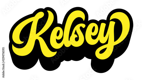 Name Kelsey written in retro groovy script lettering with long shadow effect