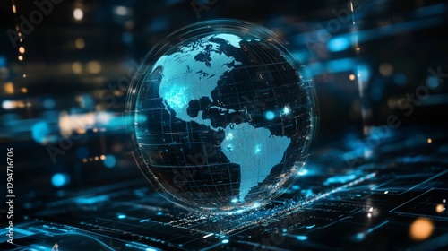 A 3D hologram of Earth rotating, symbolizing global business. 