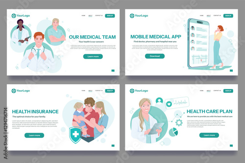 Medical team, mobile app, health insurance, and care plan on a white background. Flat graphic style. Concept of healthcare services. Vector illustration