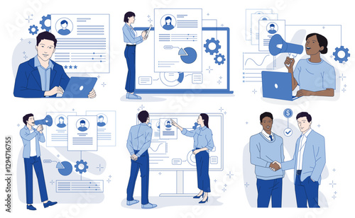 Business professionals using laptops and charts for recruitment, hiring, and team building on a white background. Concept of human resources. Vector illustration