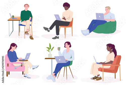 People using laptops in various settings, flat graphic style, on white background. Concept of remote work. Vector illustration