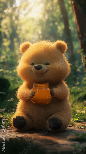 Photo of a plump, 3D animated bear sitting in a forest clearing, holding a jar of honey with a big smile, surrounded by a vibrant, lush green forest and soft playful lighting Generative AI photo