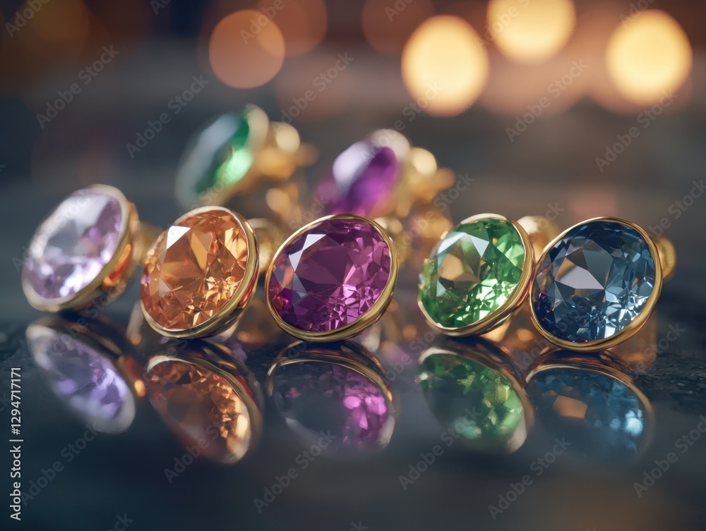 Vibrant gemstone rings with various colored stones arranged in a luxurious setting Vibrant gemstone rings with various colored stones arranged in a luxurious setting