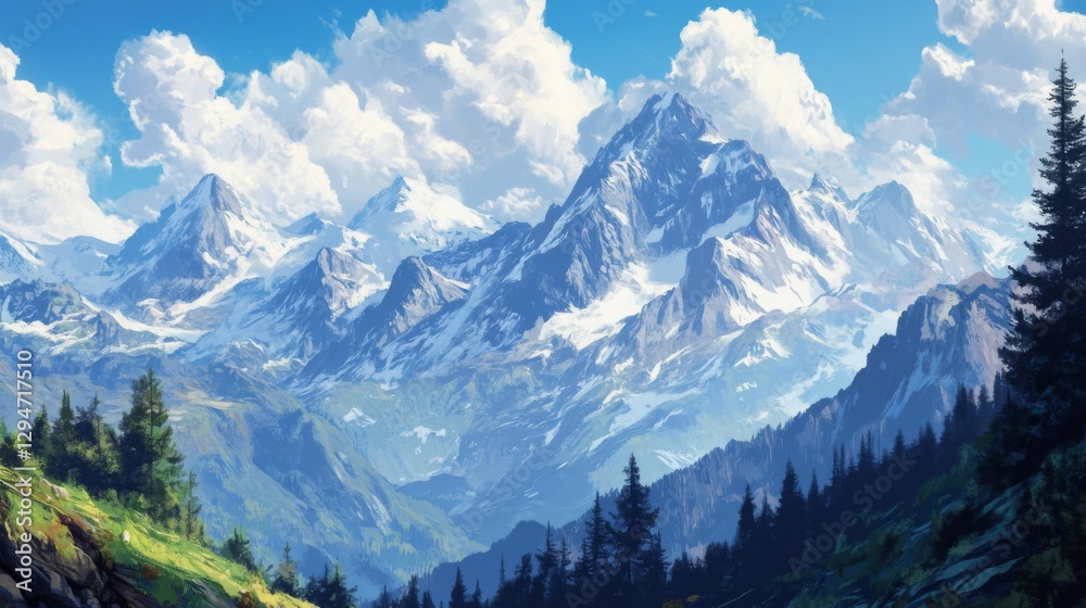 Snow Capped Mountain Peaks Under a Bright Summer Sky Snow Capped Mountain Peaks Under a Bright Summer Sky