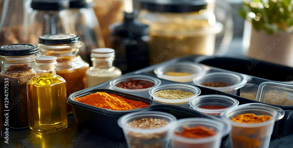 Close-up of various spices and seasonings in glass containers, including cumin, pepper, turmeric, basil, and arugula. A collection of herbs and spices arranged for cooking or culinary use Close-up of various spices and seasonings in glass containers, including cumin, pepper, turmeric, basil, and arugula. A collection of herbs and spices arranged for cooking or culinary use