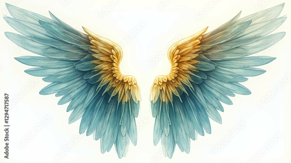 Obraz premium angel wings watercolor teal gold ethereal lighting