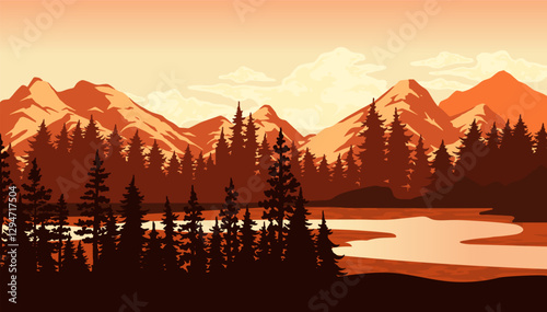 Sunset over mountains and tranquil lake view