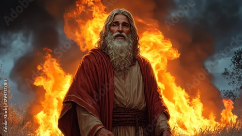 Moses stands before the burning bush photo