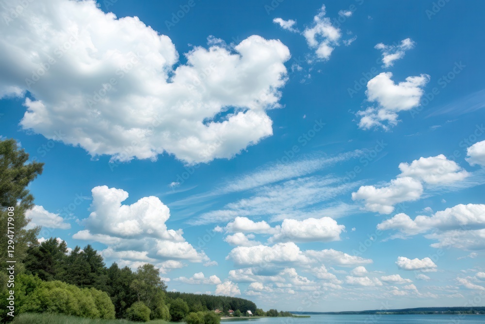 Breathtaking Scenic View of a Serene Lake Surrounded by Lush Greenery under a Bright Blue Sky Breathtaking Scenic View of a Serene Lake Surrounded by Lush Greenery under a Bright Blue Sky