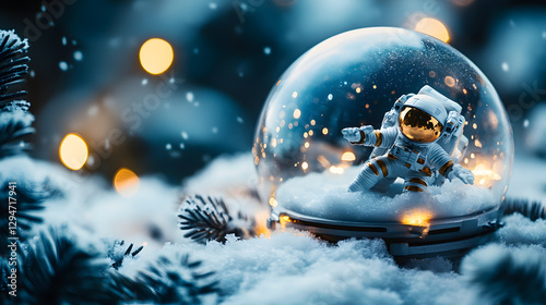 A snowy spaceship landing scene inside a snow globe with futuristic lights and tiny astronauts.