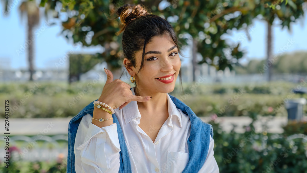 A young brunette businesswoman in a tree-filled park on a spring day, looking at the camera while making a A young brunette businesswoman in a tree-filled park on a spring day, looking at the camera while making a
