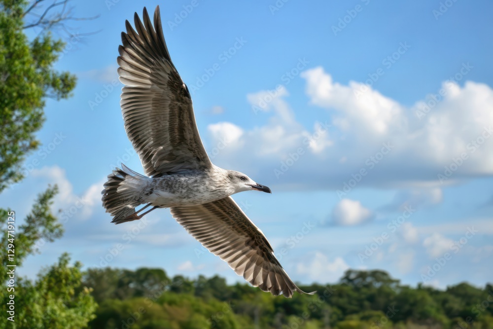 A Majestic Seagull in Flight Against a Beautiful Sky with Fluffy White Clouds A Majestic Seagull in Flight Against a Beautiful Sky with Fluffy White Clouds