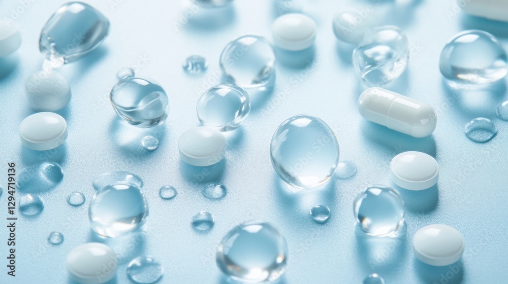 A vibrant assortment of various pills and capsules scattered on a soft blue background, creating a tranquil and clinical atmosphere. A vibrant assortment of various pills and capsules scattered on a soft blue background, creating a tranquil and clinical atmosphere.