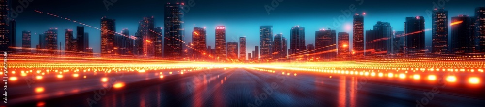 A glowing cityscape at night with intense light trails moving through the streets creating an energetic atmosphere. Generative AI A glowing cityscape at night with intense light trails moving through the streets creating an energetic atmosphere. Generative AI