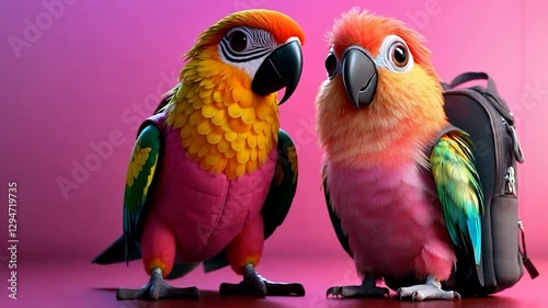 Colorful parrots, backpacks, studio, pink background, education