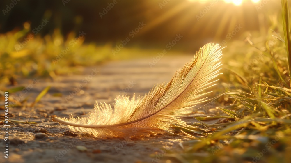 Soft Feather on Pathway at Sunset with Glowing Background Soft Feather on Pathway at Sunset with Glowing Background