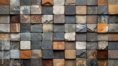Rustic natural stone mosaic wall with textured square tiles in earth tones