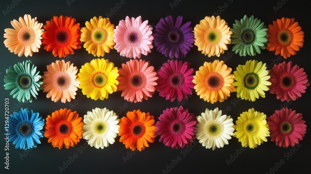 A vibrant display of multi-colored gerbera daisies arranged in a grid pattern against a dark background. A vibrant display of multi-colored gerbera daisies arranged in a grid pattern against a dark background.