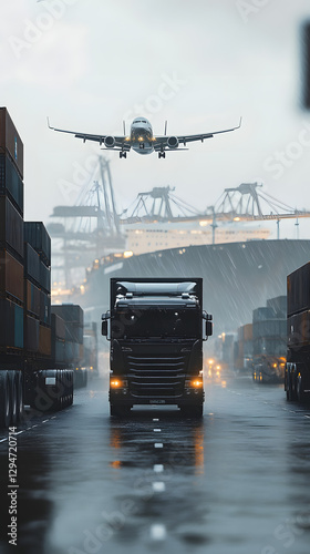 A white cargo truck, a white lorry, and a container ship with an airplane flying above
