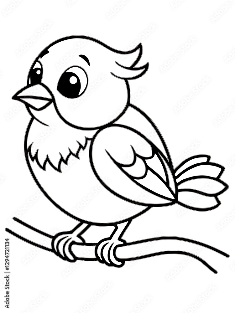 Fototapeta premium A tiny baby sparrow sitting on a tree branch, small wings, round body, and a cheerful smile. Cute and simple cartoon-style, bold black outlines for fun coloring.