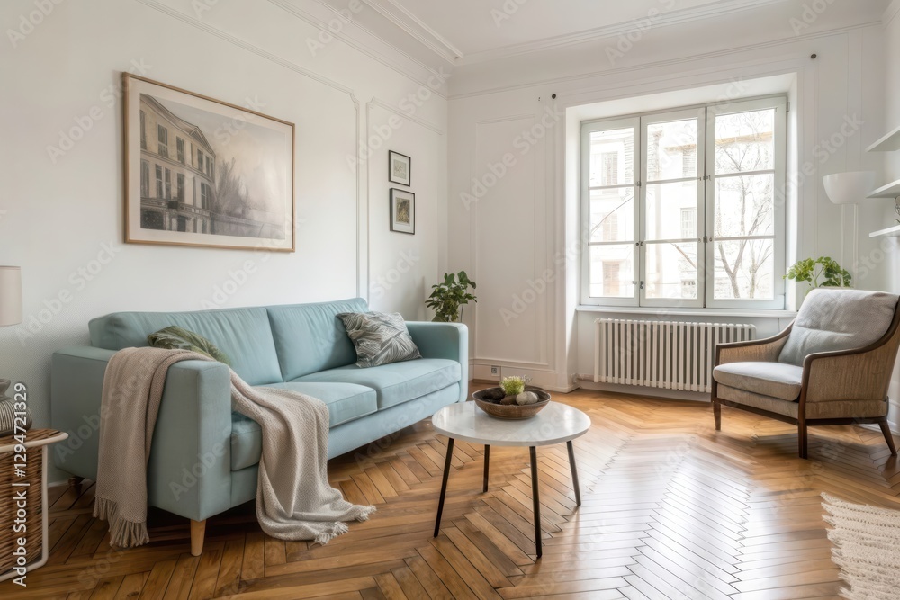 Fototapeta premium Bright and Airy Living Room with Modern Design Elements and Natural Light