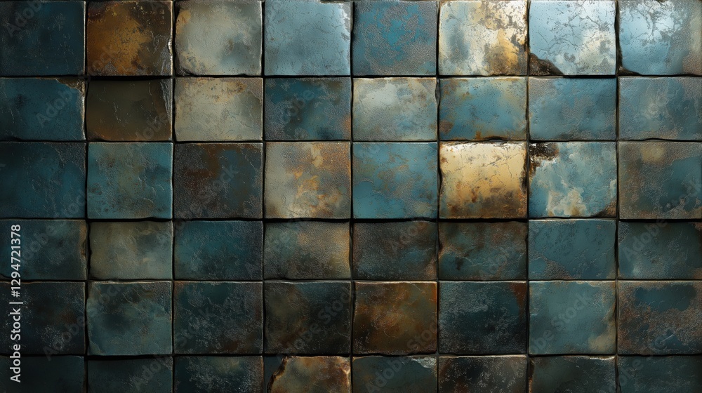 Aged industrial tiles with weathered patina and textured metallic finish Aged industrial tiles with weathered patina and textured metallic finish