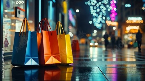 Colorful shopping bags on wet city street at night