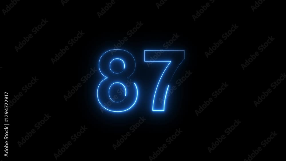 Glowing neon light digital number 87. light cyan color symbol, seamless loop animation on black background, Educational mathematics concept with neon letter 87 digit with alpha channel .